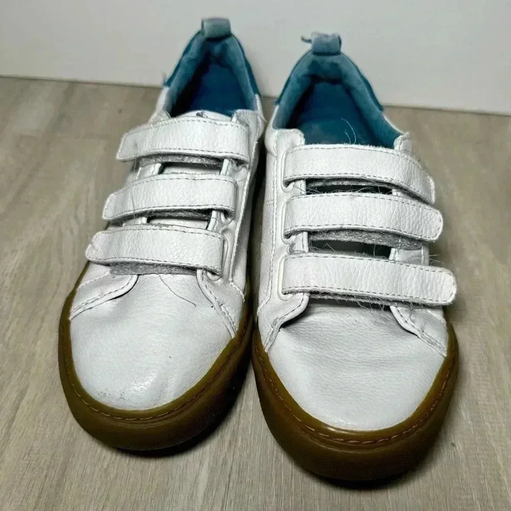 Kids White Leather Sneakers Hook and Loop Closure Teal Accent Gum Sole Size 1